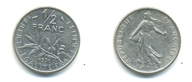 ФРАНЦИЯ 1/2 ФРАНКА 1971 KM 931.1 никель 25-845