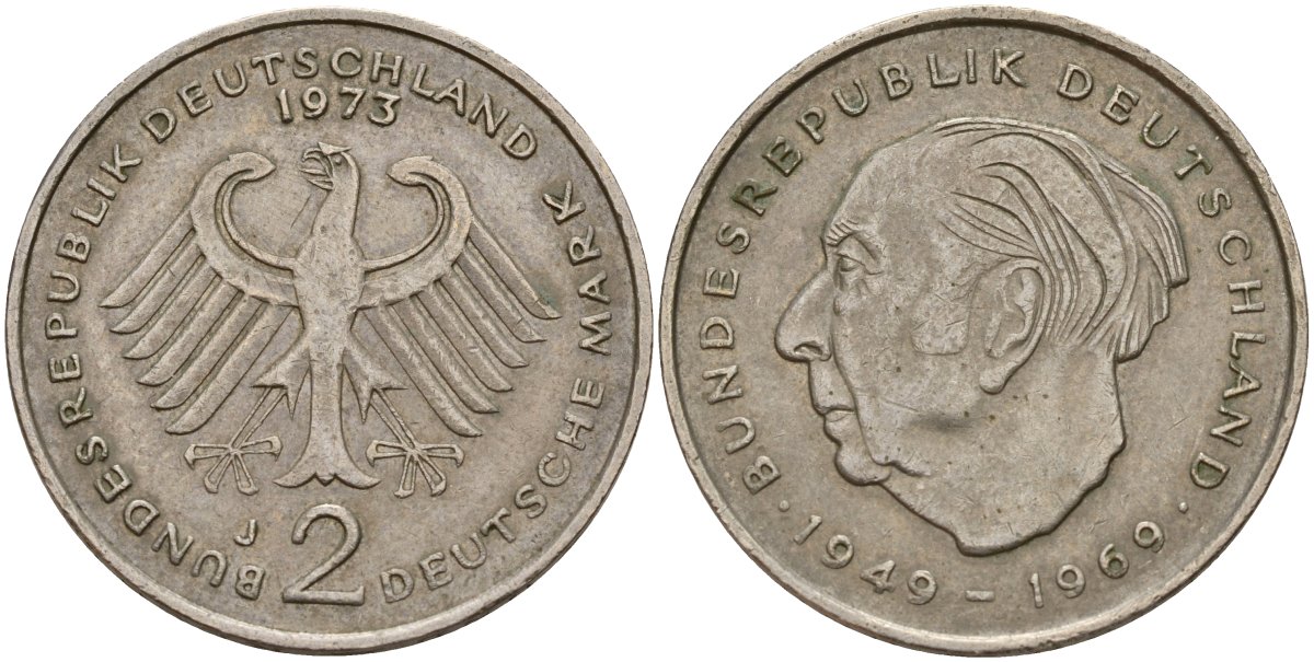 ФРГ 2 марки 1973 J, Конрад Аденауэр KM 124, J. 406 медно-никель 4159-1232