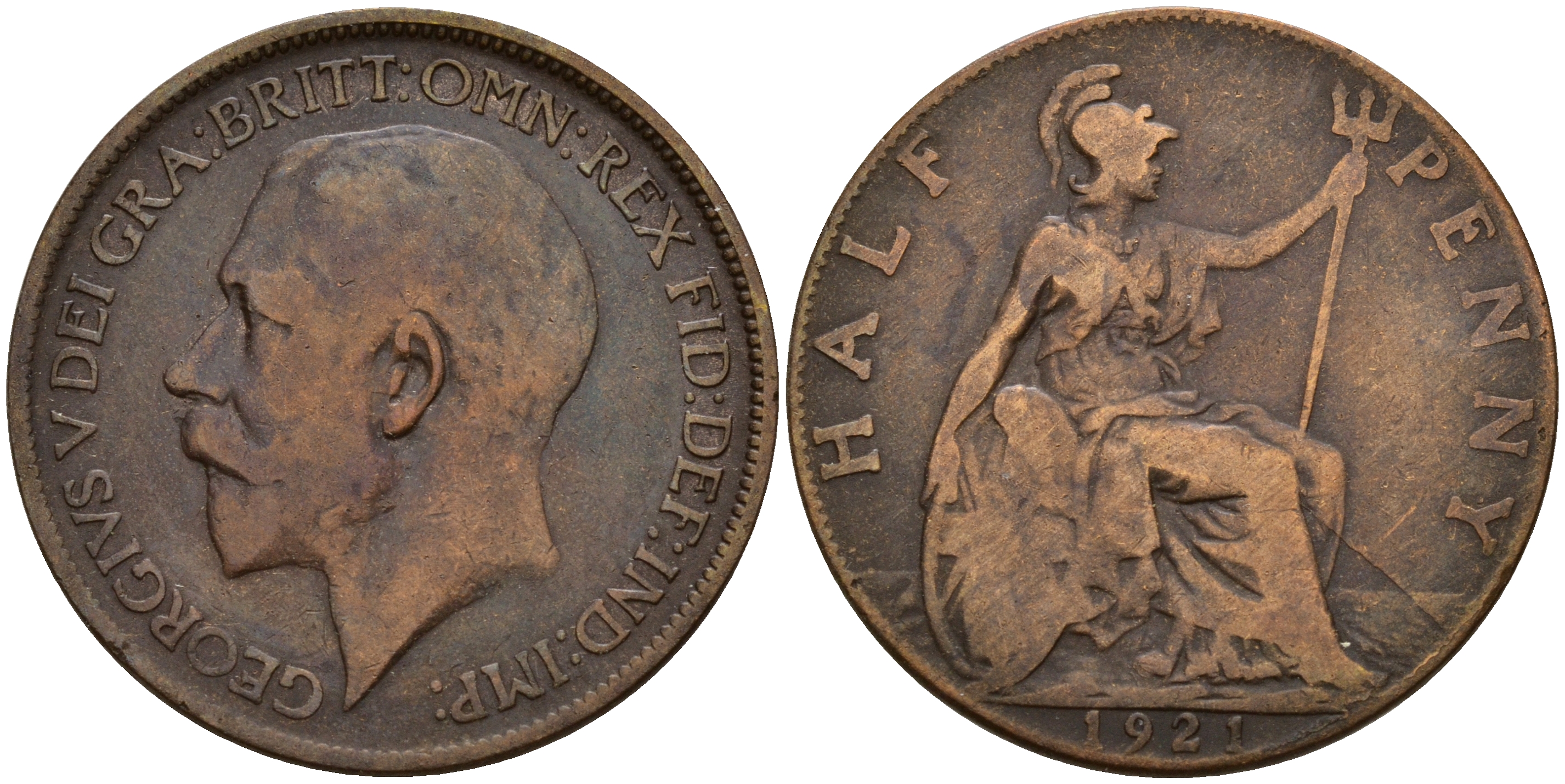 Великобритания 1/2 пенни 1921 Георг V (1910-1936) KM 809, Spink 4056 бронза    4603-855