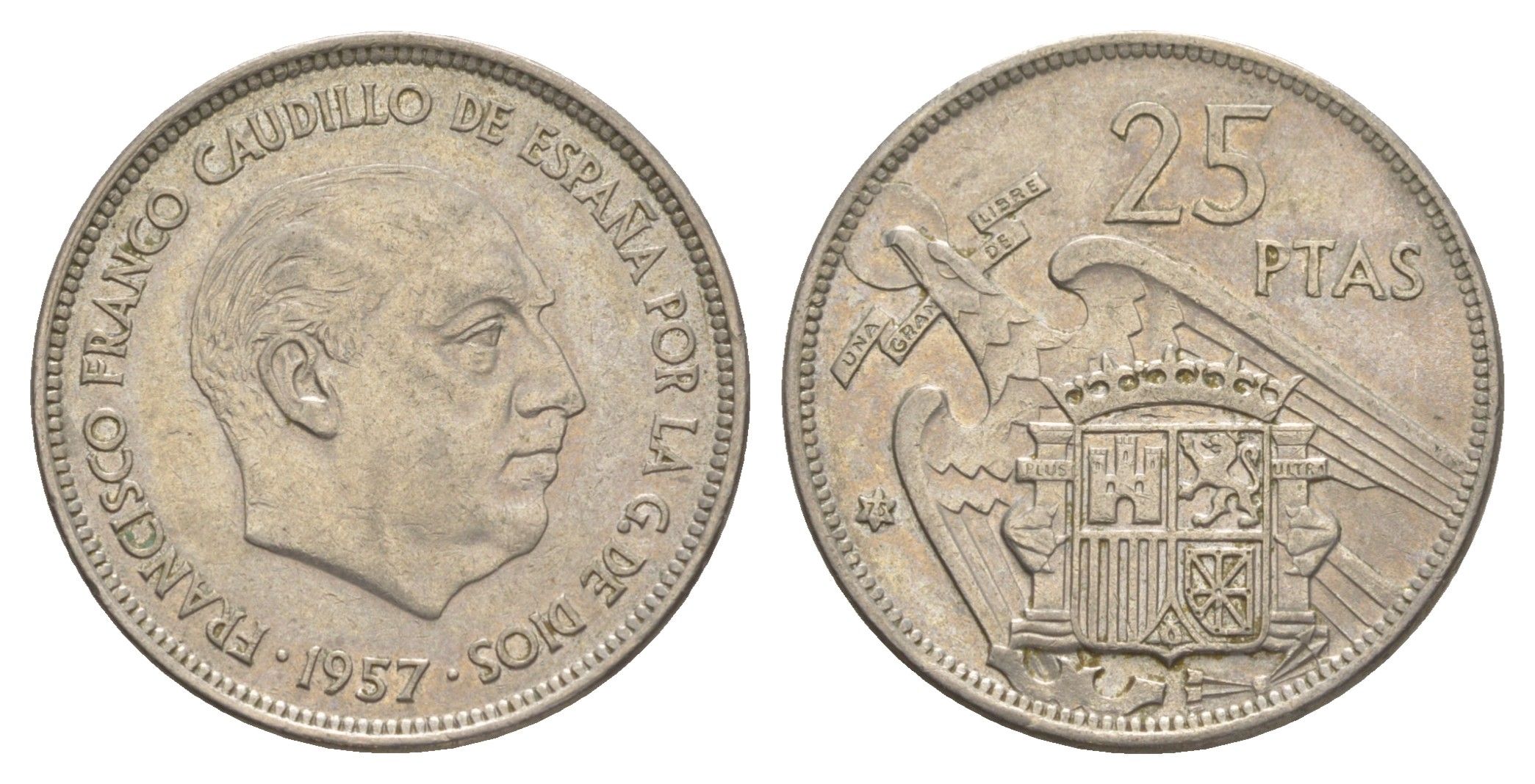 Испания 25 песет 1957 (75) Франсиско Франко (1939-1975) KM 787 медно-никель 4616-335