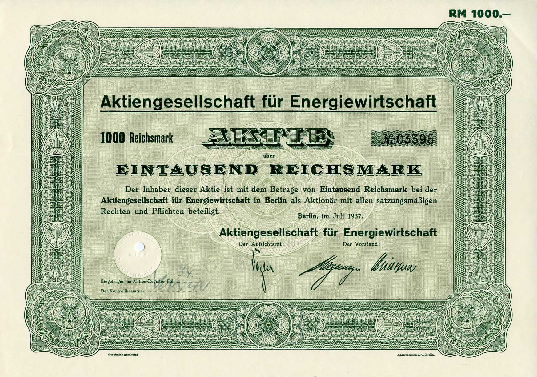 Германия 1000 рейхсмарок 1937 АО Энергетики, поставщик электроэнергии, Берлин, акция   бумага   8801-28-1