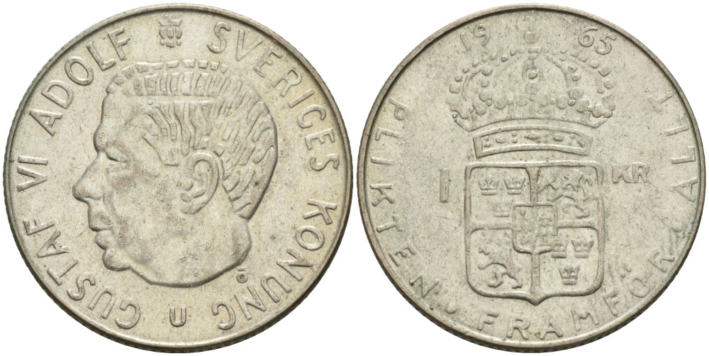 Швеция 1 крона 1965 U, Густав VI Адольф (1950-1973) KM 826 серебро 4542-526