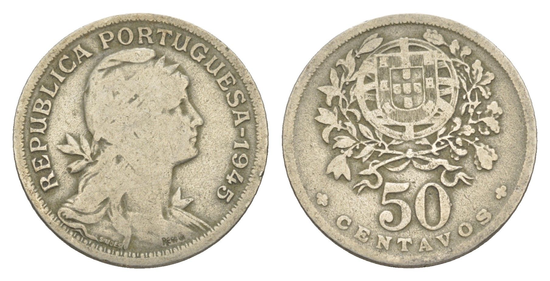 Португалия 50 сентаво 1945 KM 577 никель латунь 4163-654