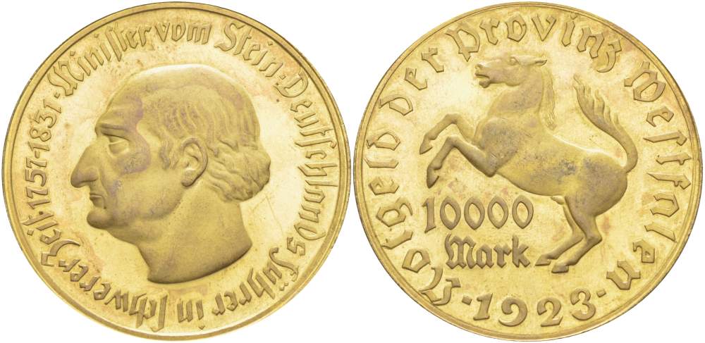 Германия, Вестфалия 10000 марок 1923 Штейн, лошадь, 44,5 мм J. N 20 а медь цинк 1519-1224