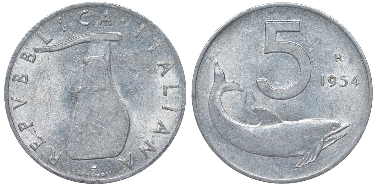 Италия 5 лир 1954 R, дельфин, состояние KM 92 алюминий 4164-424