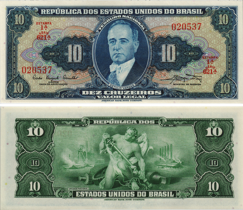 БРАЗИЛИЯ 10 КРУЗЕЙРО 1961 ESTAMPA 1А, SERIA 621А, ПОДПИСЬ 9 Pick 167а бумага UNC (ПРЕСС) 8605-43-2-2