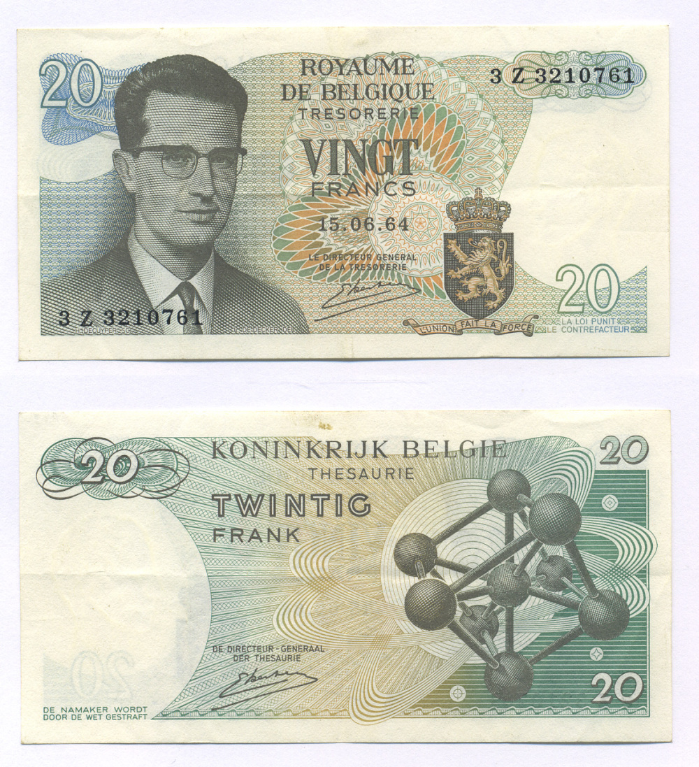 Бельгия 20 франков 1964 Бодуэн I, атомиум, Kestens Pick 138 (3) бумага 7205-9-3