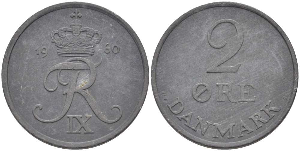 Дания 2 эре 1960 C; S, Фредерик IX (1947-1972) KM 840.2 цинк 67-315