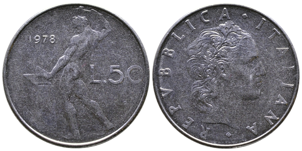 ИТАЛИЯ 50 ЛИР 1978 R, БОГ ОГНЯ ВУЛКАН У НАКОВАЛЬНИ KM 95.1 нержавеющая сталь 3333-822