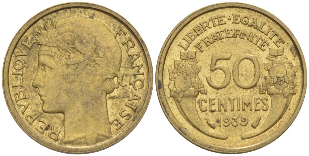 ФРАНЦИЯ 50 САНТИМОВ 1939 ТИП MORLON KM 894.1, LE FRANC 192.15 алюминиевая бронза 44-821