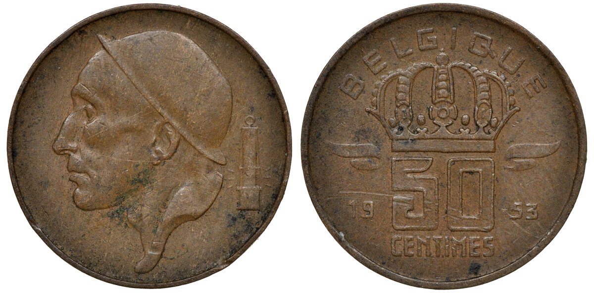 БЕЛЬГИЯ 50 САНТИМОВ 1953 BELGIQUE KM 144 бронза 72-912