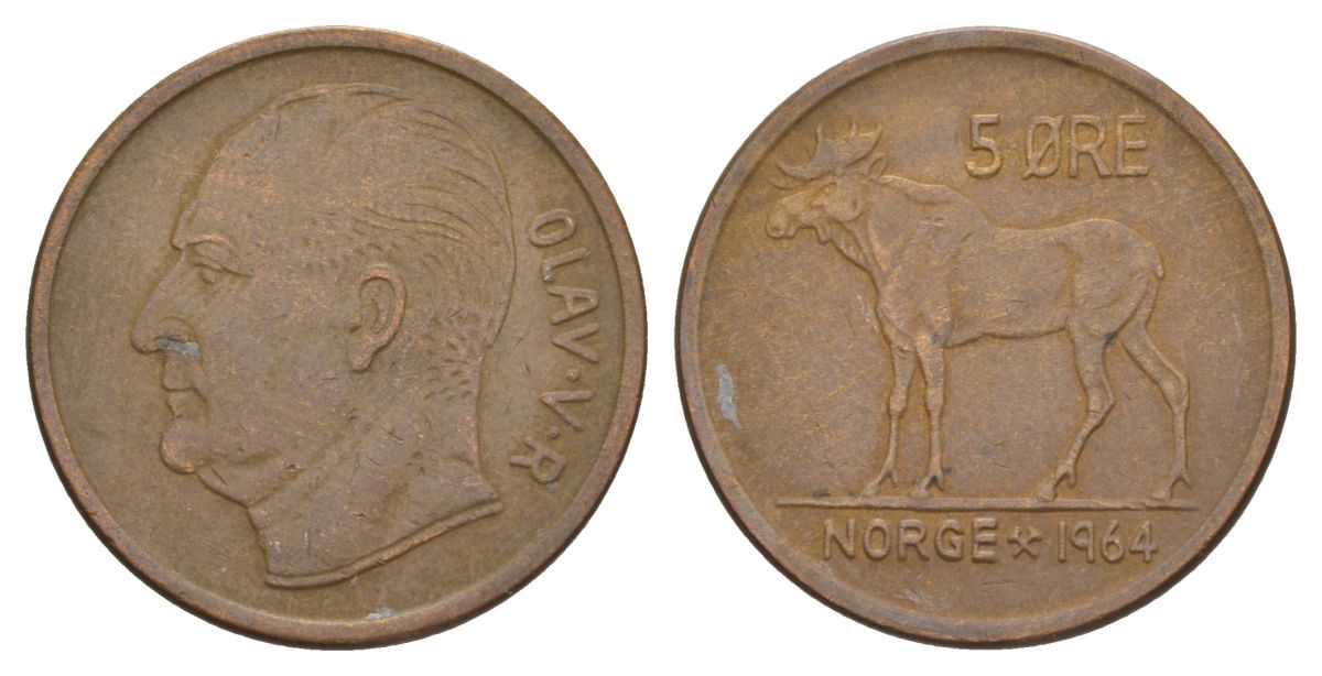 Норвегия 5 эре 1964 Улаф V (1957-1991) KM 405 бронза 4635-611