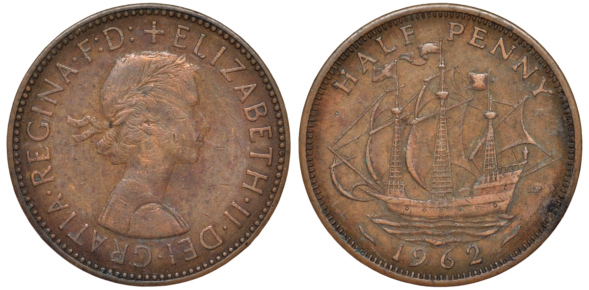 Великобритания 1/2 пенни 1962 Елизавета II (1952-2022) KM 896, Spink 4158 бронза 4175-1014