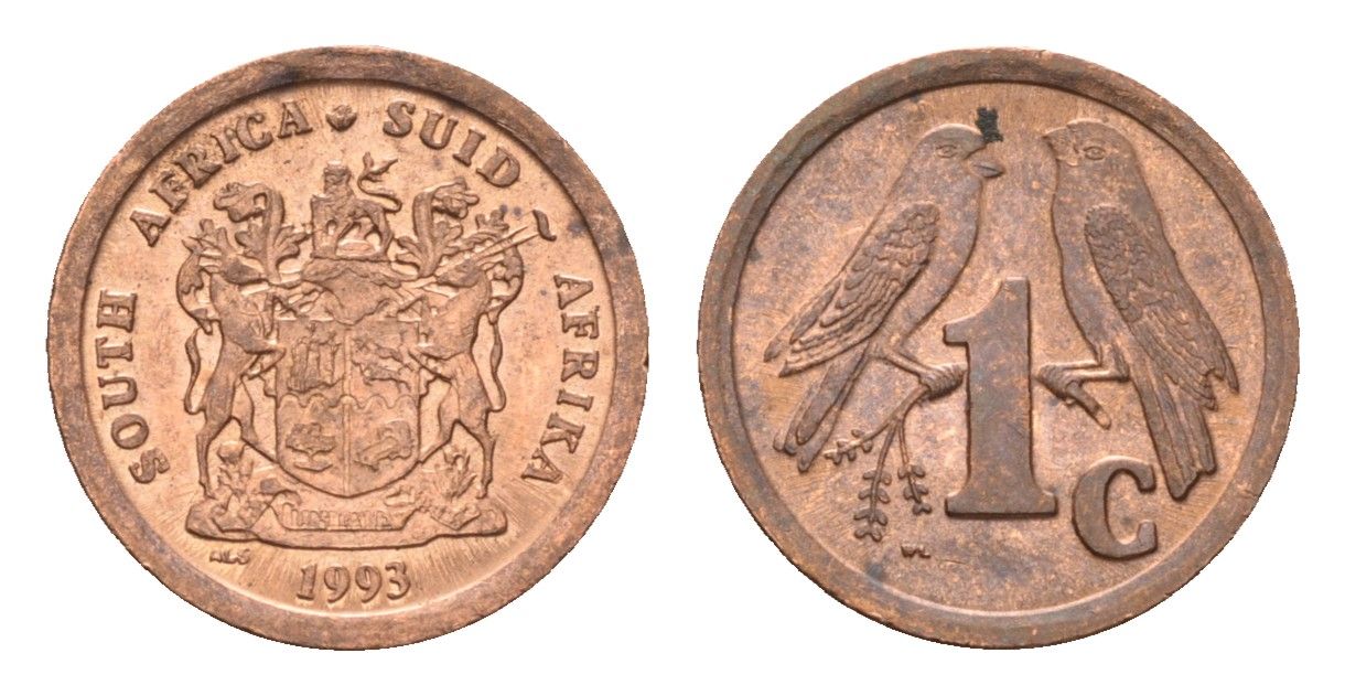 ЮАР 1 цент 1993 герб, капские воробьи KM 132 сталь плакированная медью UNC 4687-117