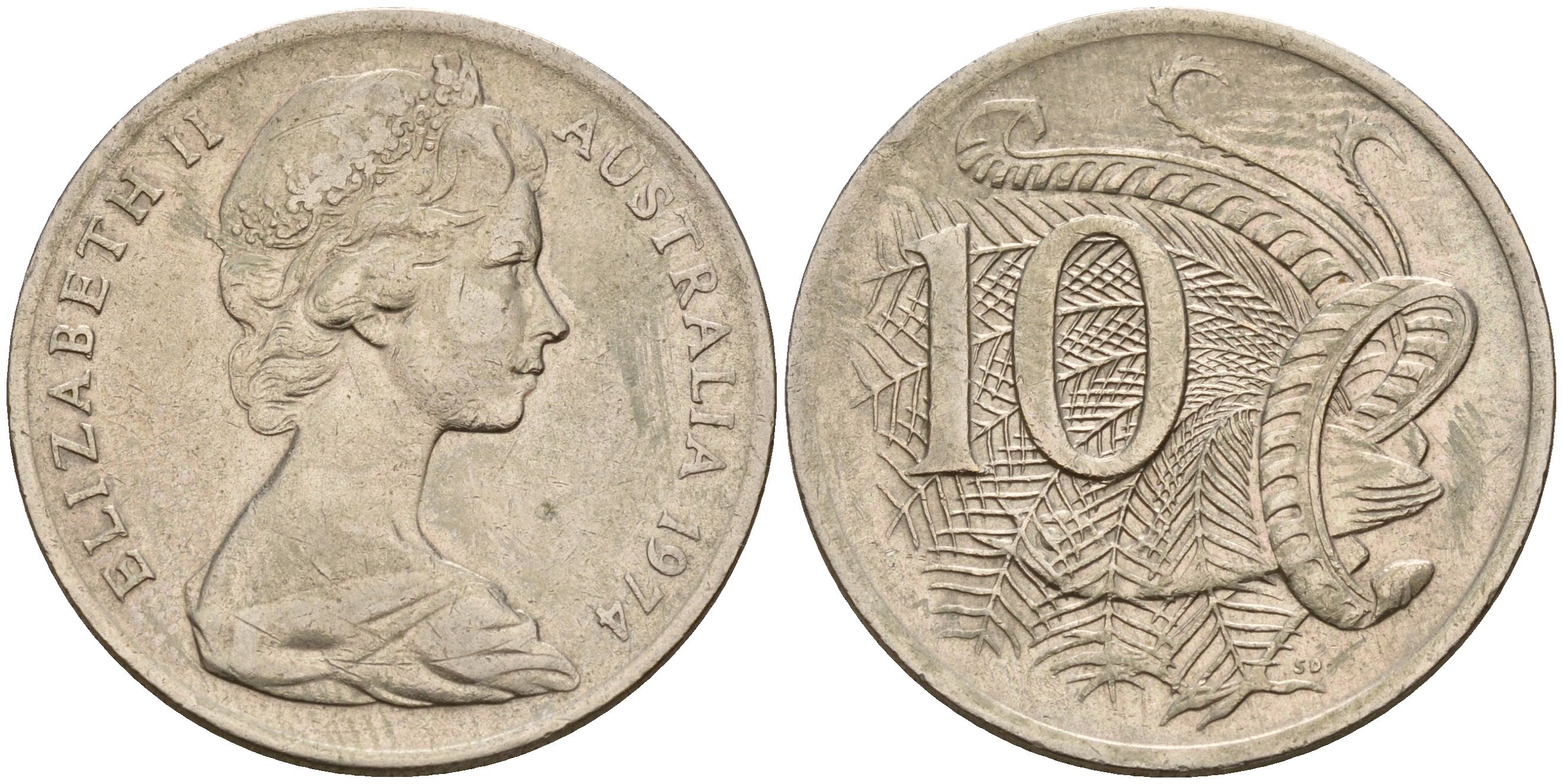 Австралия 10 центов 1974 Елизавета II (1952-), птица лирахвост KM 65 медно-никель    4187-411