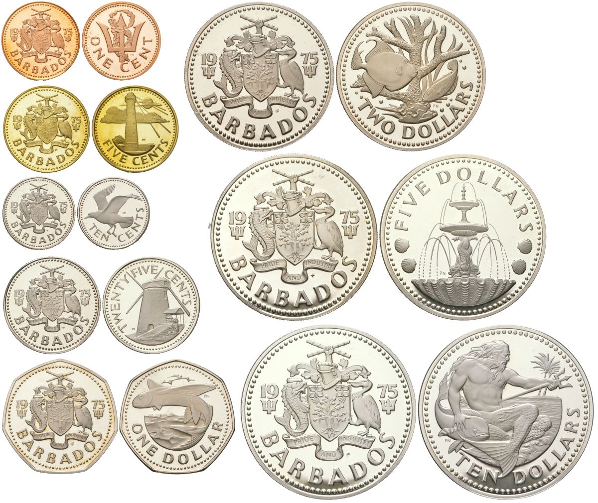 Барбадос полный набор из 8 монет (1, 5, 10 и 25 центов; 1, 2, 5 и 10 долларов) 1976 10 лет независимости KM (19-24, 25a, 26a) серебро и другие металлы PROOF 5-4-4-2