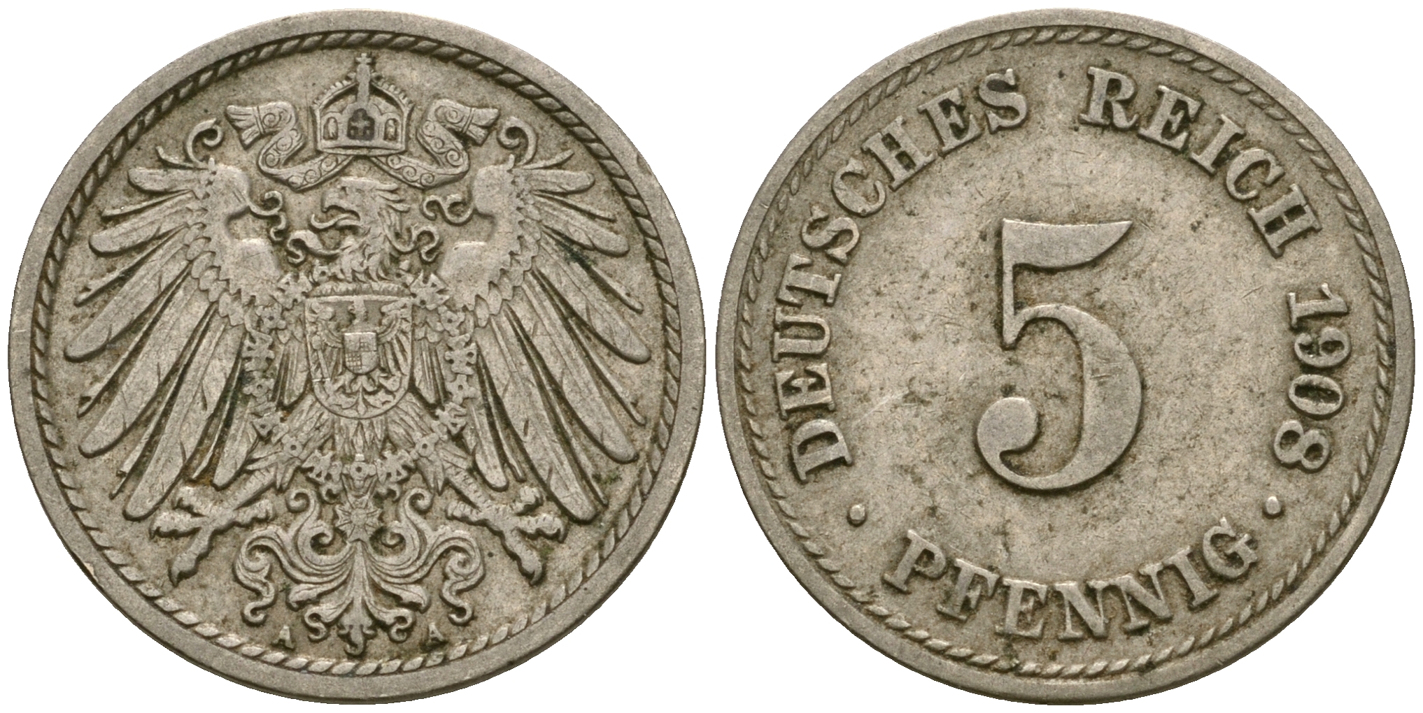 Германия 5 пфеннигов 1908 A KM 11, Jager 12, Weege 6 медно-никель 4364-4557