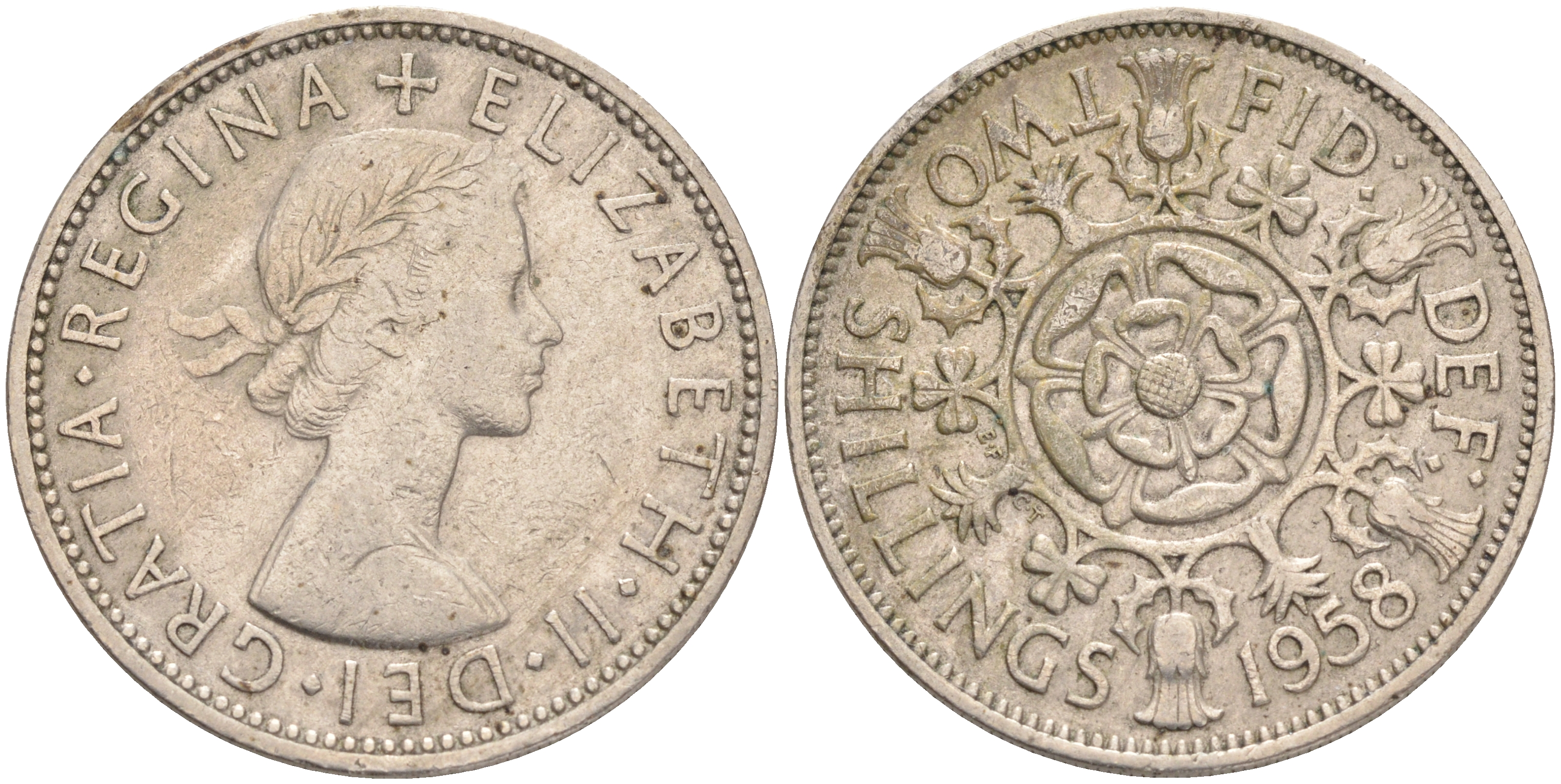 Великобритания 2 шиллинга (флорин) 1958 Елизавета II (1952-2022) KM 906, Spink 4146 медно-никель 189-635