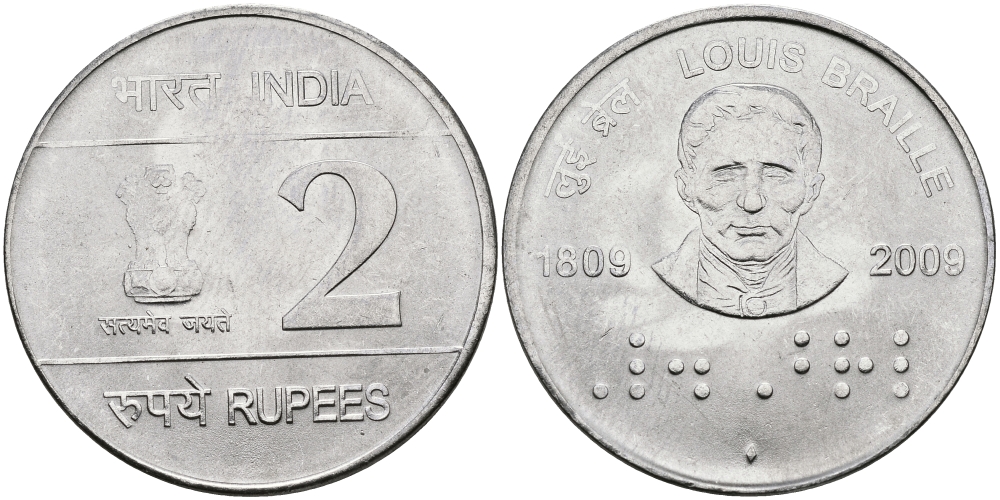 Индия 2 рупии 2009 200 лет Луи Брайлю KM NEW медно-никель UNC 95-211
