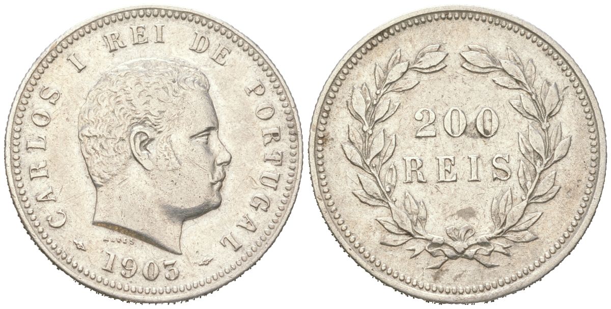 Португалия 200 реалов 1903 Карлуш I (1889-1908), редкий год KM 534 серебро 272-1544