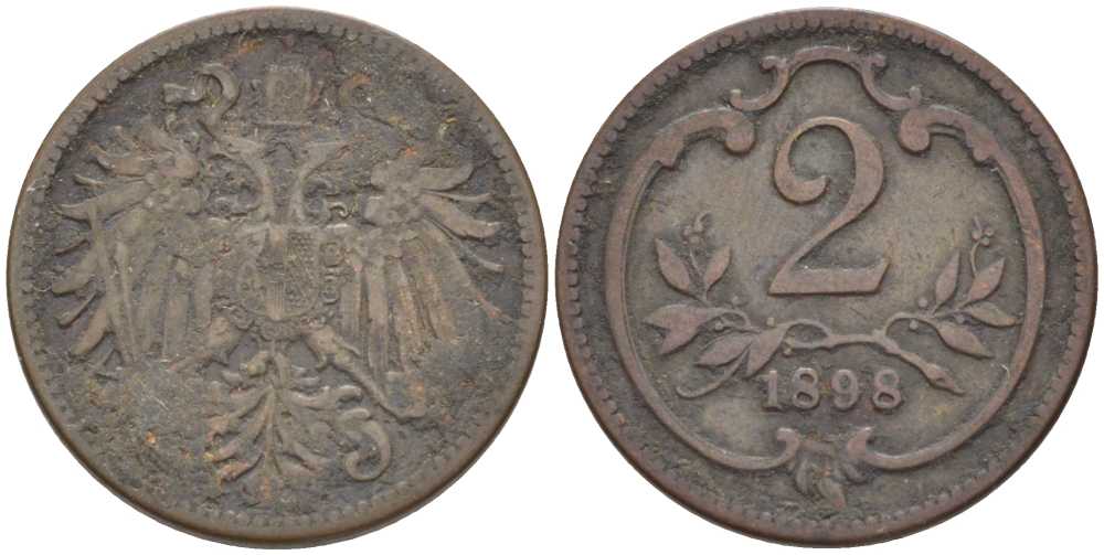 АВСТРИЯ 2 ГЕЛЛЕРА 1898 ФРАНЦ ИОСИФ (1846-1918) KM 2801 бронза 201-952