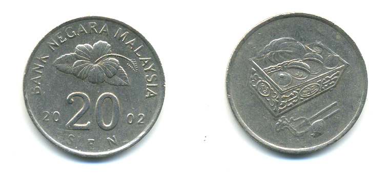 Малайзия 20 сенов 2002 цветок KM 52 медно-никель 3999-641