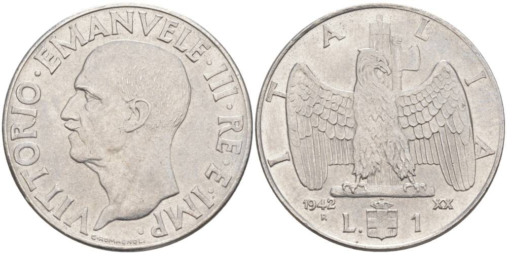 ИТАЛИЯ 1 ЛИРА 1942 R, ГОД XX, ВИКТОР ЭММАНУИЛ III (1900-1946) KM 77b, VEM3. 1102 нержавеющая сталь 3855-512
