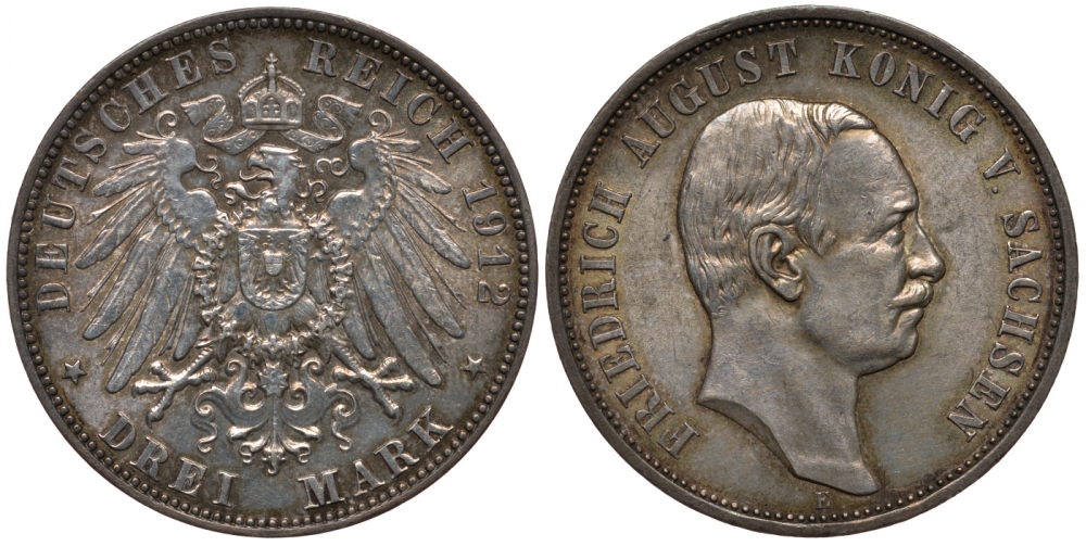 Саксония 3 марки 1912 E, Фридрих Август III (1904-1918) Weege 132, J. 135, KM 1267 серебро 00-1067-1-53
