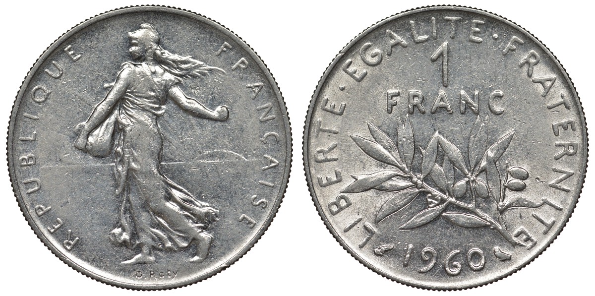 Франция 1 франк 1960 сеятель KM 925.1, Le Franc 226.5 никель 4128-417