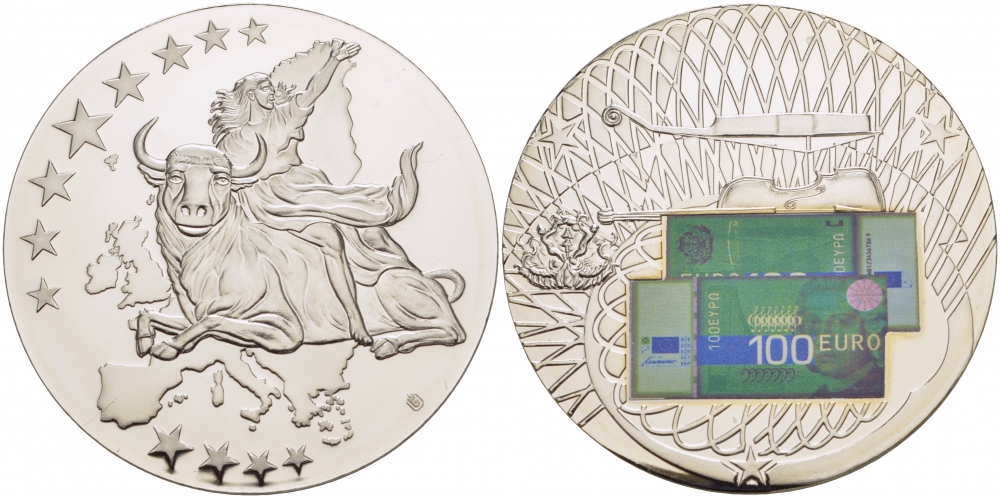 НИДЕРЛАНДЫ МЕДАЛЬ 2002 ПОХИЩЕНИЕ ЕВРОПЫ, КУПЮРА 100 ЕВРО ЕВРОПРОБА, СЕРЕБРЕНИЕ, ЦВЕТНАЯ ЭМАЛЬ, ДИАМЕТР 50 ММ. ВЕС 54 ГР. медно-никель PROOF 01-232-14
