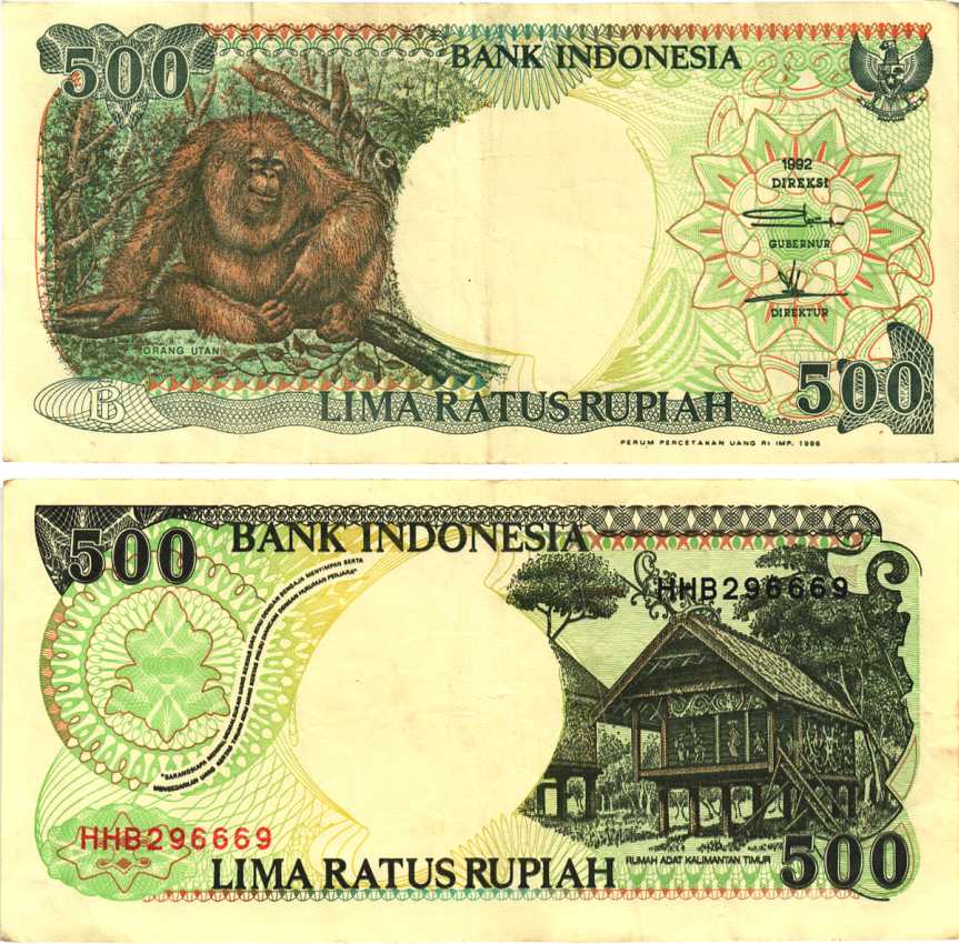 ИНДОНЕЗИЯ 500 РУПИЙ 1992/1996 ОРАНГУТАН, КАЛИМАНТАНСКИЙ ДОМ Pick 128e бумага 7217-25-3-1