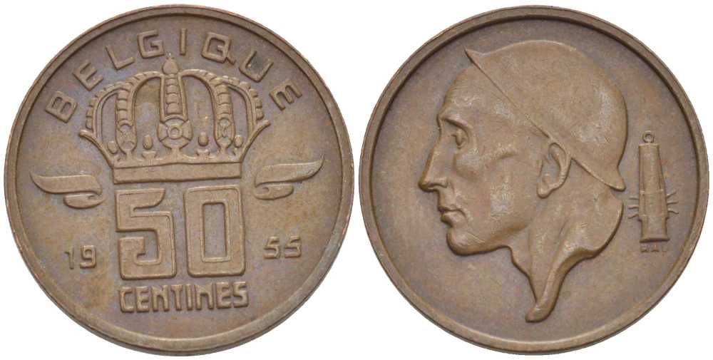 БЕЛЬГИЯ 50 САНТИМОВ 1955 BELGIQUE KM 144 бронза 96-113