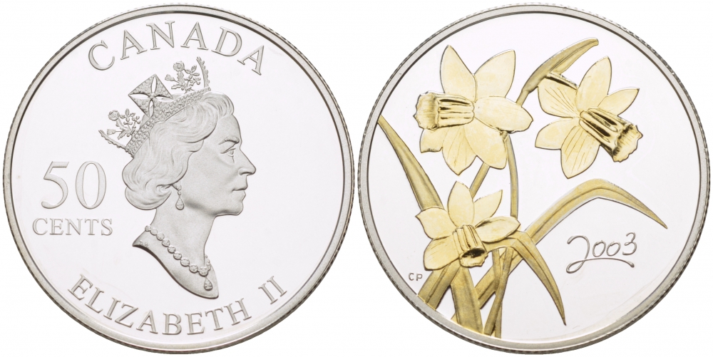 Канада 50 центов 2003 Елизавета II (1952-2022), цветы, позолота KM 475 серебро PROOF 1082-1-51