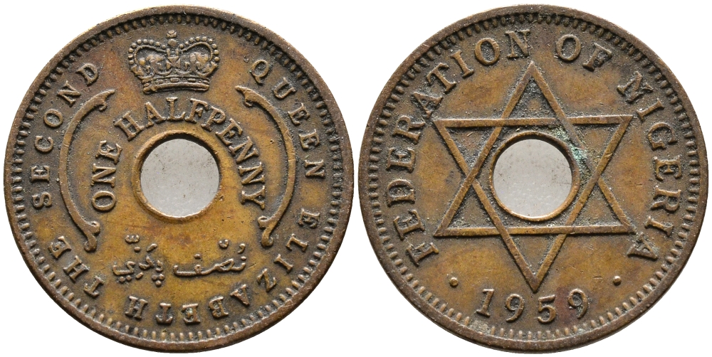 Нигерия 1/2 пенни 1959 Елизавета II (1952-), Британский протекторат KM 1 бронза 4387-538