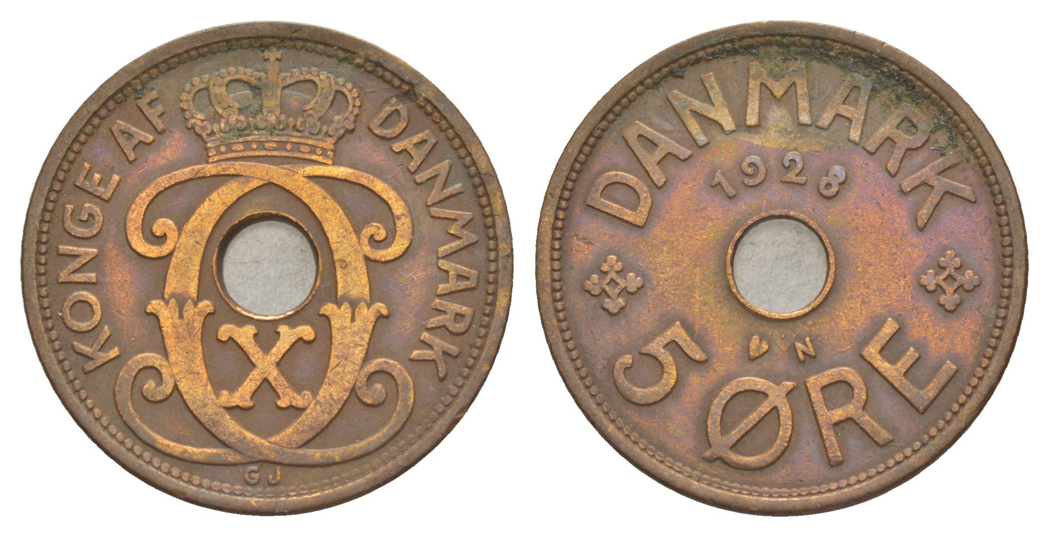 Дания 5 эре 1928 N, Кристиан X (1912-1947) KM 828 бронза 4638-616