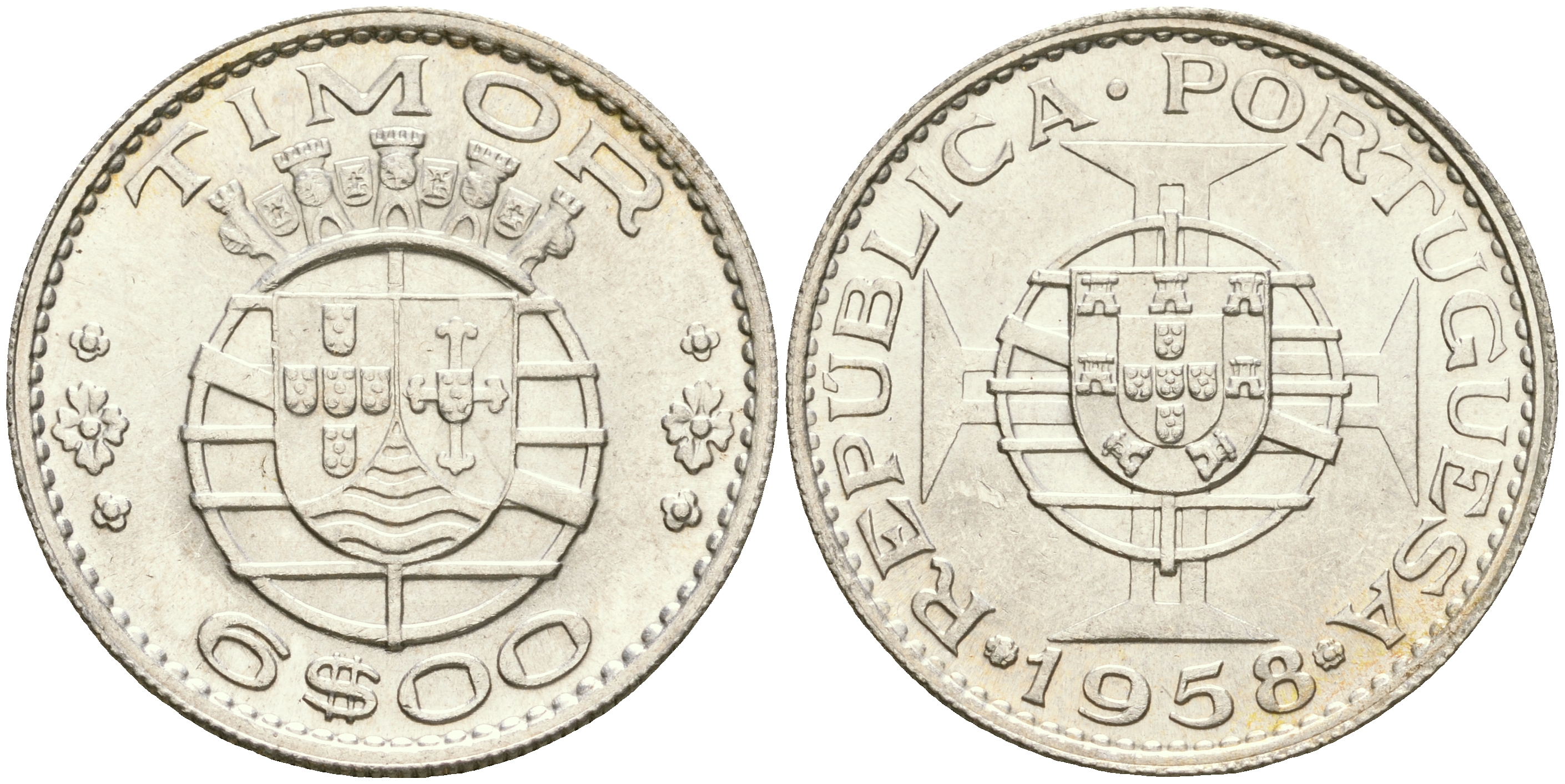 Португальский Тимор 6 эскудо 1958 год тип KM 15 серебро aUNC 4364-1641