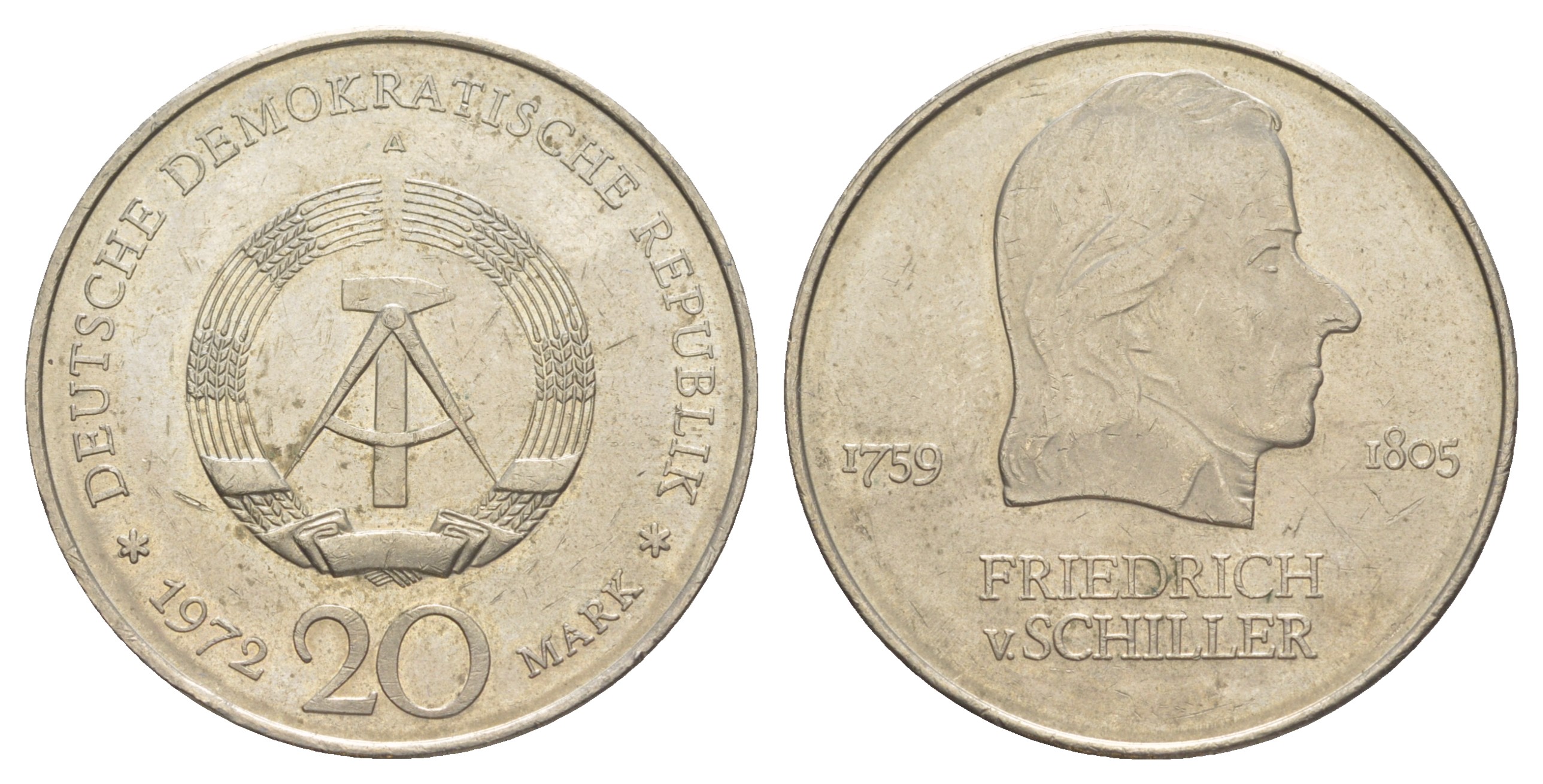 ГДР 20 марок 1972 A, Фридрих Шиллер (1759-1805) KM 40 медно-никель 4634-111