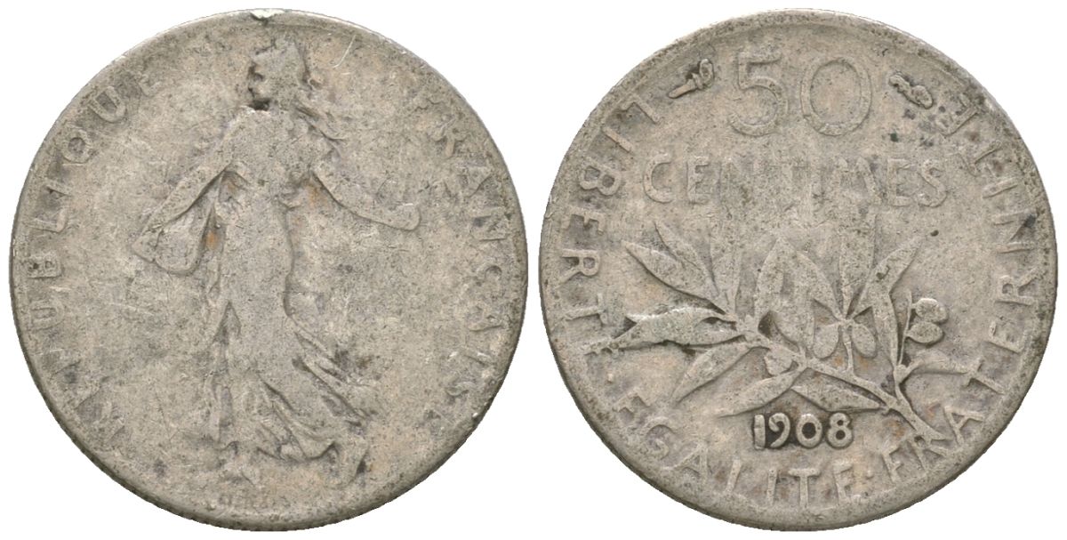 Франция 50 сантимов 1908 KM 854 серебро 4615-968