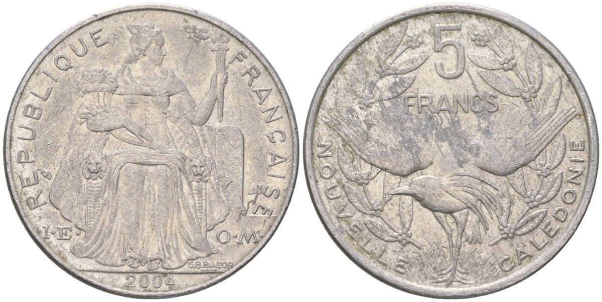 Французская Новая Каледония 5 франков 2004 птица кагу, (IEOM) KM 16, Schoen 12, Lec 81i алюминий 189-1225