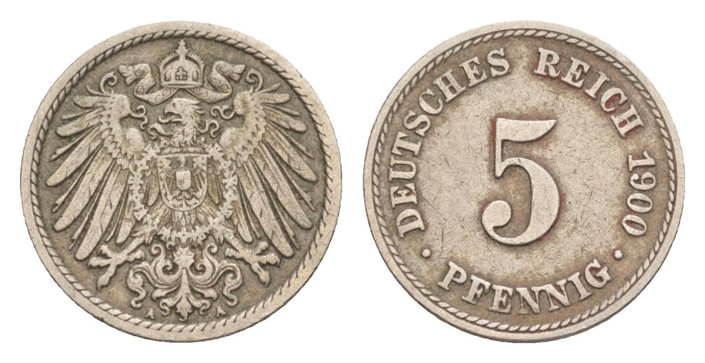 Германия 5 пфеннигов 1900 A, Вильгельм II (1888-1918) KM 11, J. 12 медно-никель 4640-113