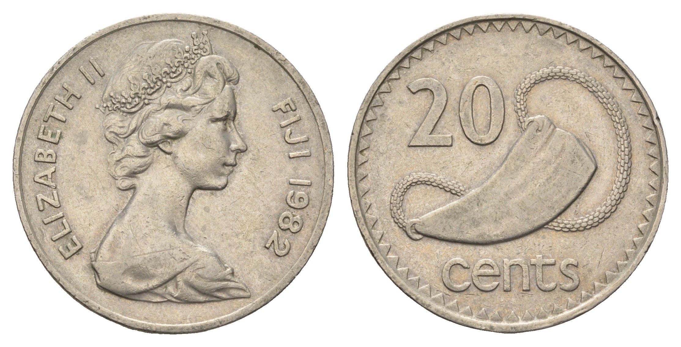 Фиджи 20 центов 1982 Елизавета II (1952-2022), китовый зуб KM 31 медно-никель 4698-1212