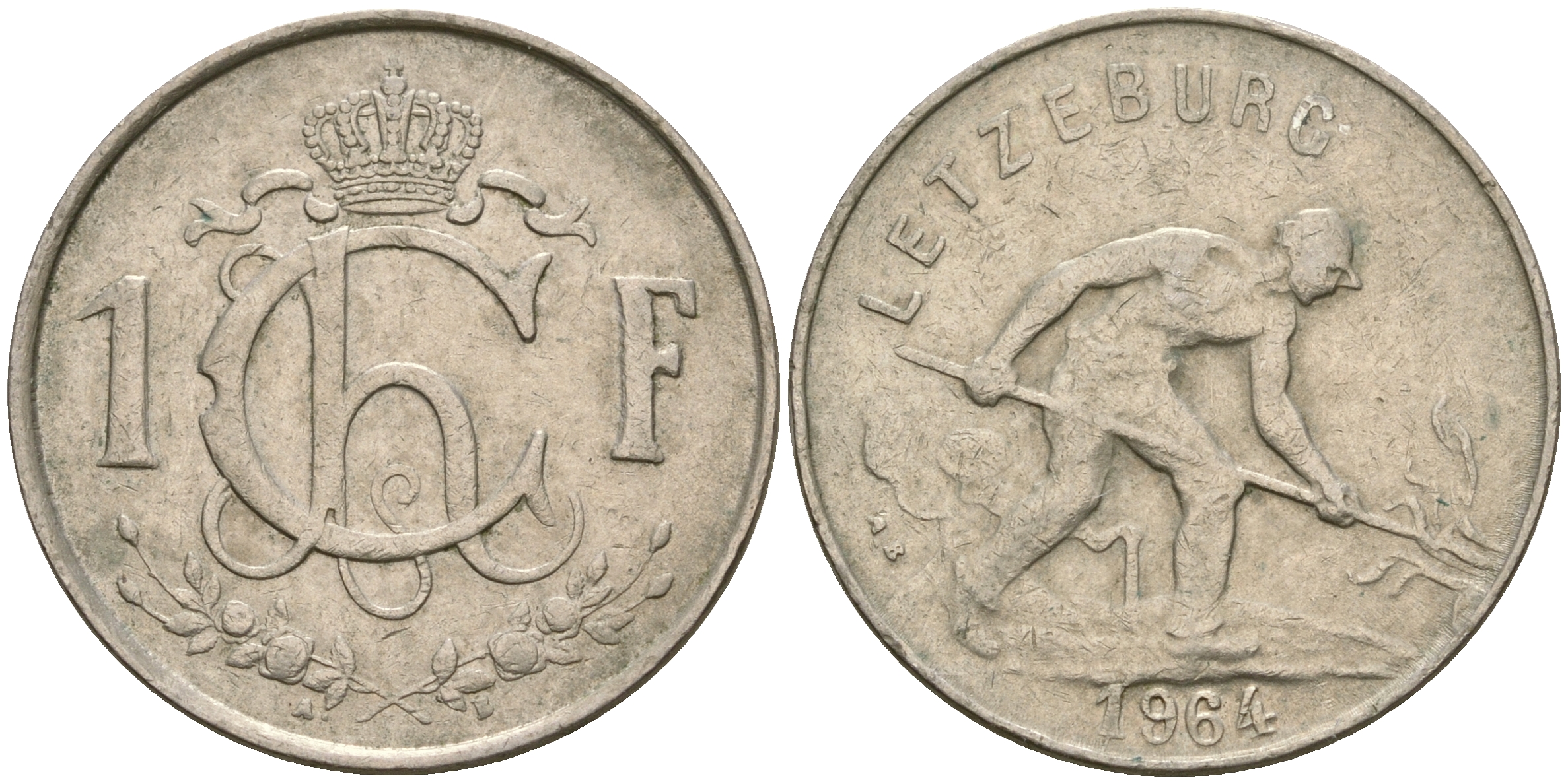 Люксембург 1 франк 1964 сталевар KM 46.2 медно-никель 4364-1846