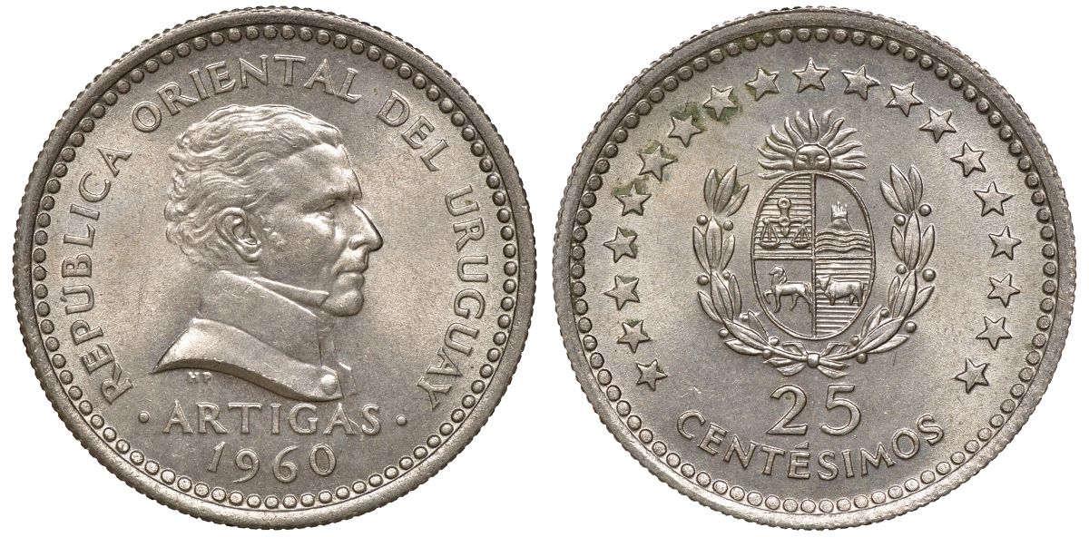 Уругвай 25 сентесимо 1960 KM 40 медно-никель 4169-827