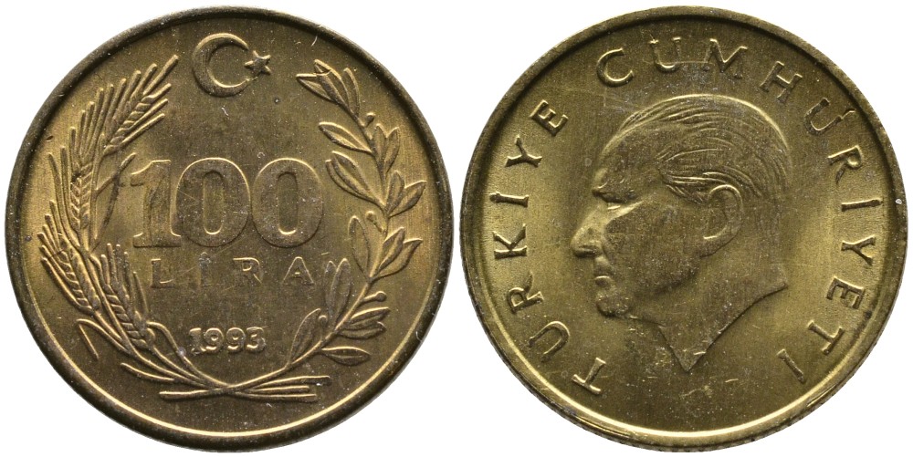 ТУРЦИЯ 100 ЛИР 1993 KM 988 алюминиевая бронза 4541-433
