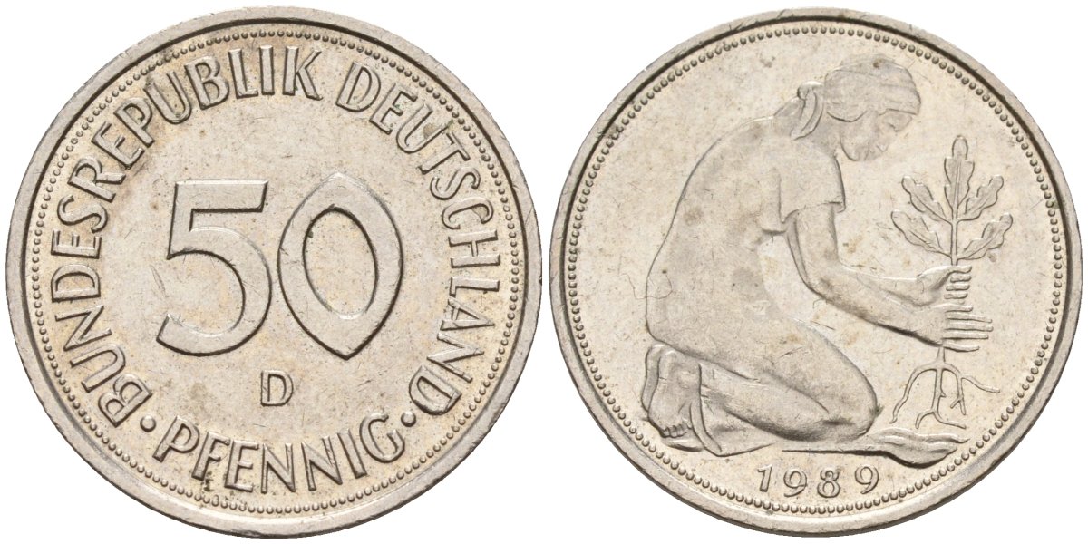 ФРГ 50 пфеннигов 1989 D KM 109, J. 384 медно-никель 4177-723