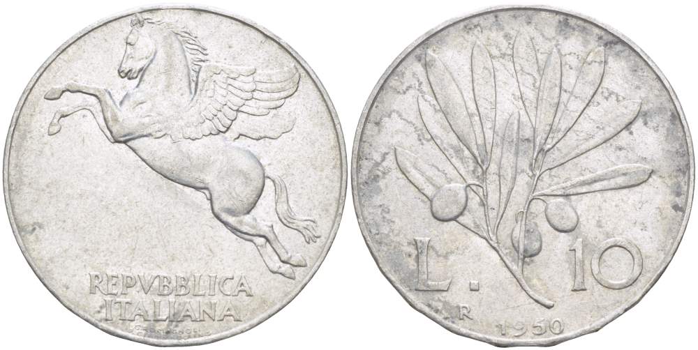 ИТАЛИЯ 10 ЛИР 1950 R, ПЕГАС KM 90 алюминий 4526-122