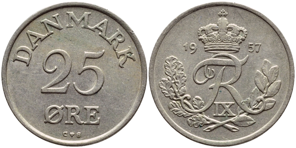 ДАНИЯ 25 ЭРЕ 1957 С; S, ФРЕДЕРИК IX (1947-1972) KM 842.2 медно-никель 4398-941