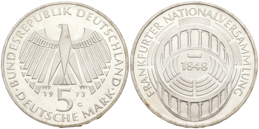 ФРГ 5 МАРОК 1973 G, 125 ЛЕТ ФРАНКФУРТСКОМУ ПАРЛАМЕНТУ KM 137, J. 412 серебро 3855-616