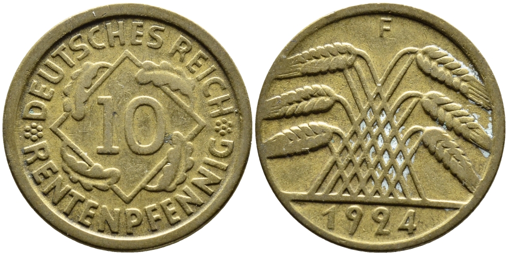 Германия 10 рентенпфеннигов 1924 F KM 33, J. 309, Weege 8 алюминиевая бронза 4390-832
