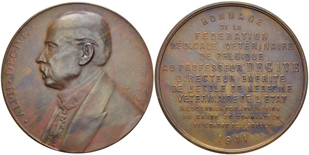 Бельгия медаль 1911 от ветеринарной медицинской федерации Бельгии, директору школы ветеринарной медицины Alph Degive, диаметр 55 мм.  бронза    1089-3-42
